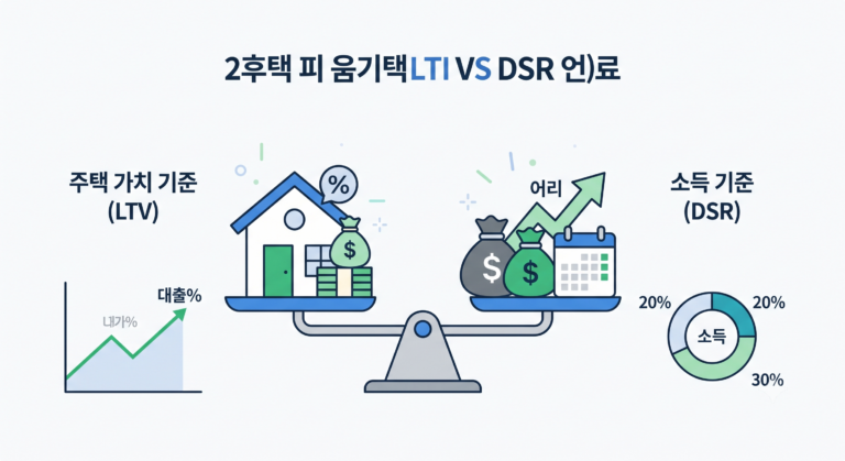 1가구 2주택자의 주택담보대출에 적용되는 LTV 주택 가치 기준과 DSR 소득 기준을 비교한 인포그래픽