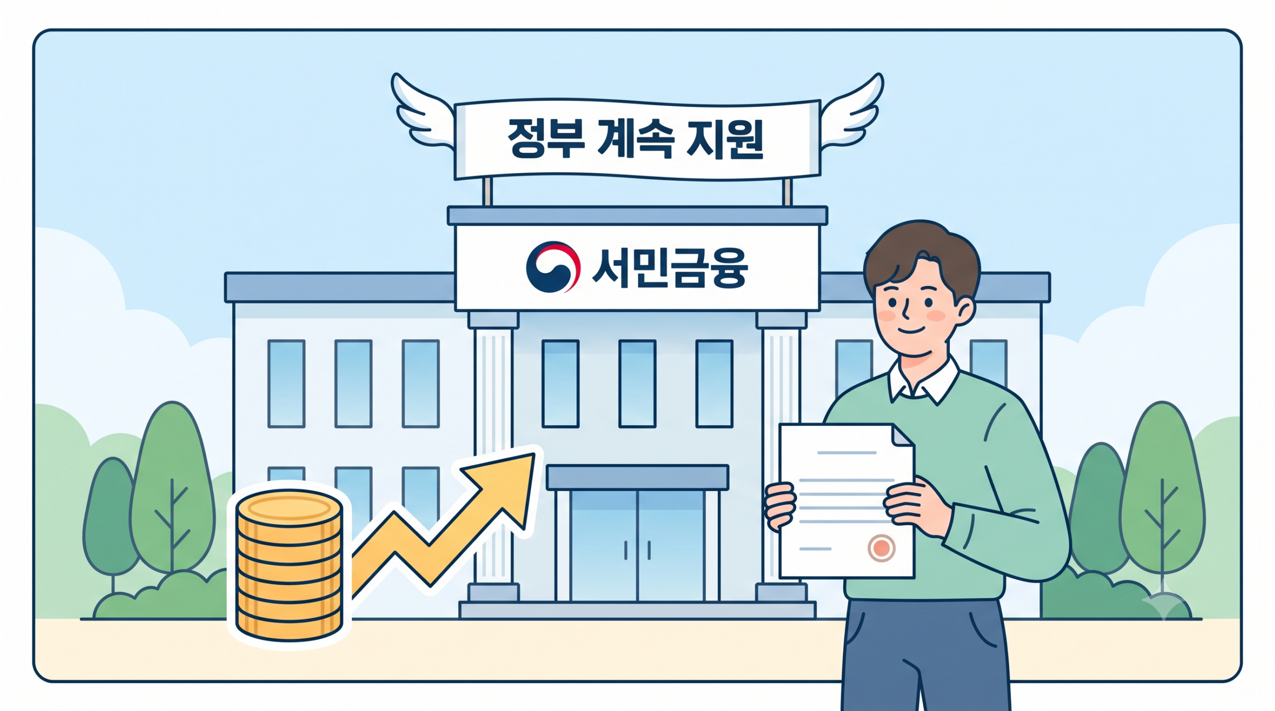 서민금융진흥원의 소액 생계비 대출 자격 조건과 신청 과정을 표현한 미니멀 일러스트 캡션: 취약계층을 위한 정부 지원 소액 생계비 대출의 핵심 내용을 담은 대표 이미지입니다. 서민금융진흥원의 소액 생계비 대출 자격 조건과 신청 과정을 표현한 미니멀 일러스트