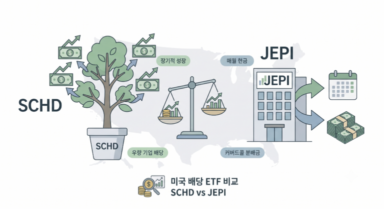 미국 배당 ETF 비교를 위해 SCHD와 JEPI의 특징을 시각화한 플랫 일러스트