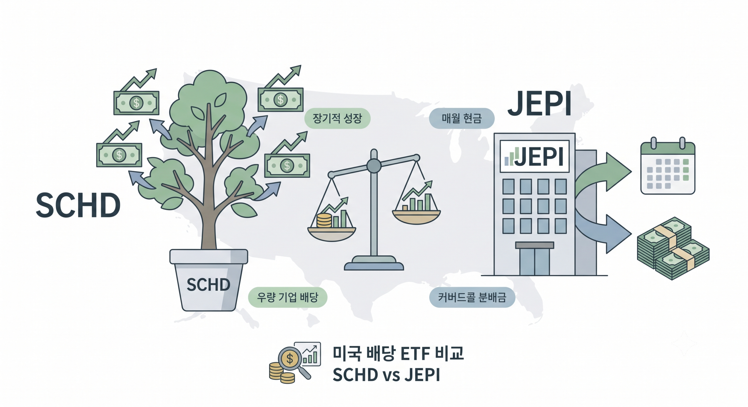 미국 배당 ETF 비교를 위해 SCHD와 JEPI의 특징을 시각화한 플랫 일러스트