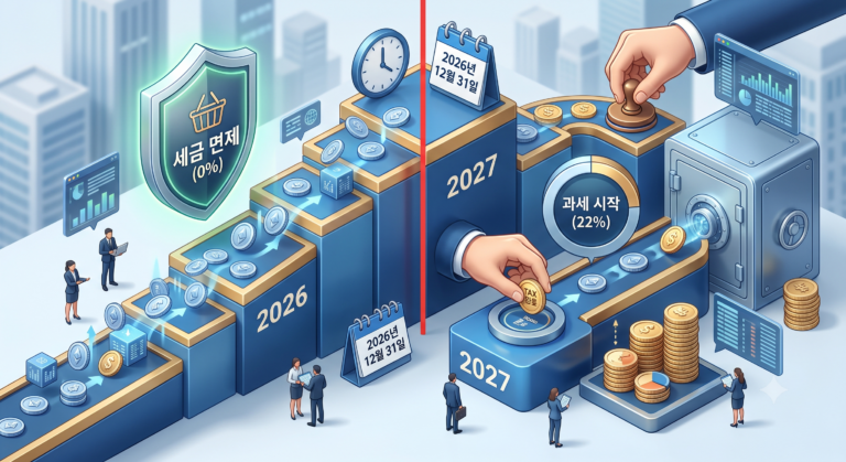 2026년 코인 세금 면제 종료와 2027년 과세 시작을 나타내는 3D 타임라인 아트