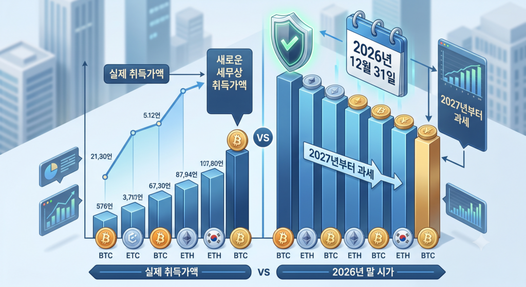 실제 취득가액과 2026년 말 시가를 비교하는 코인 세금 인포그래픽