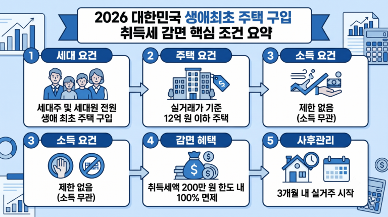 소득 제한 무관 및 12억 이하 주택 대상 생애최초 취득세 감면 기준 인포그래픽