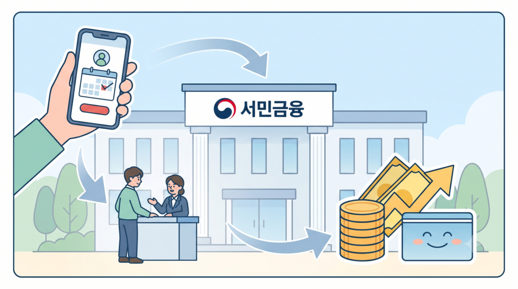 온라인 사전 예약, 센터 방문, 대출금 당일 지급으로 이어지는 소액 생계비 대출 신청 절차 단계도