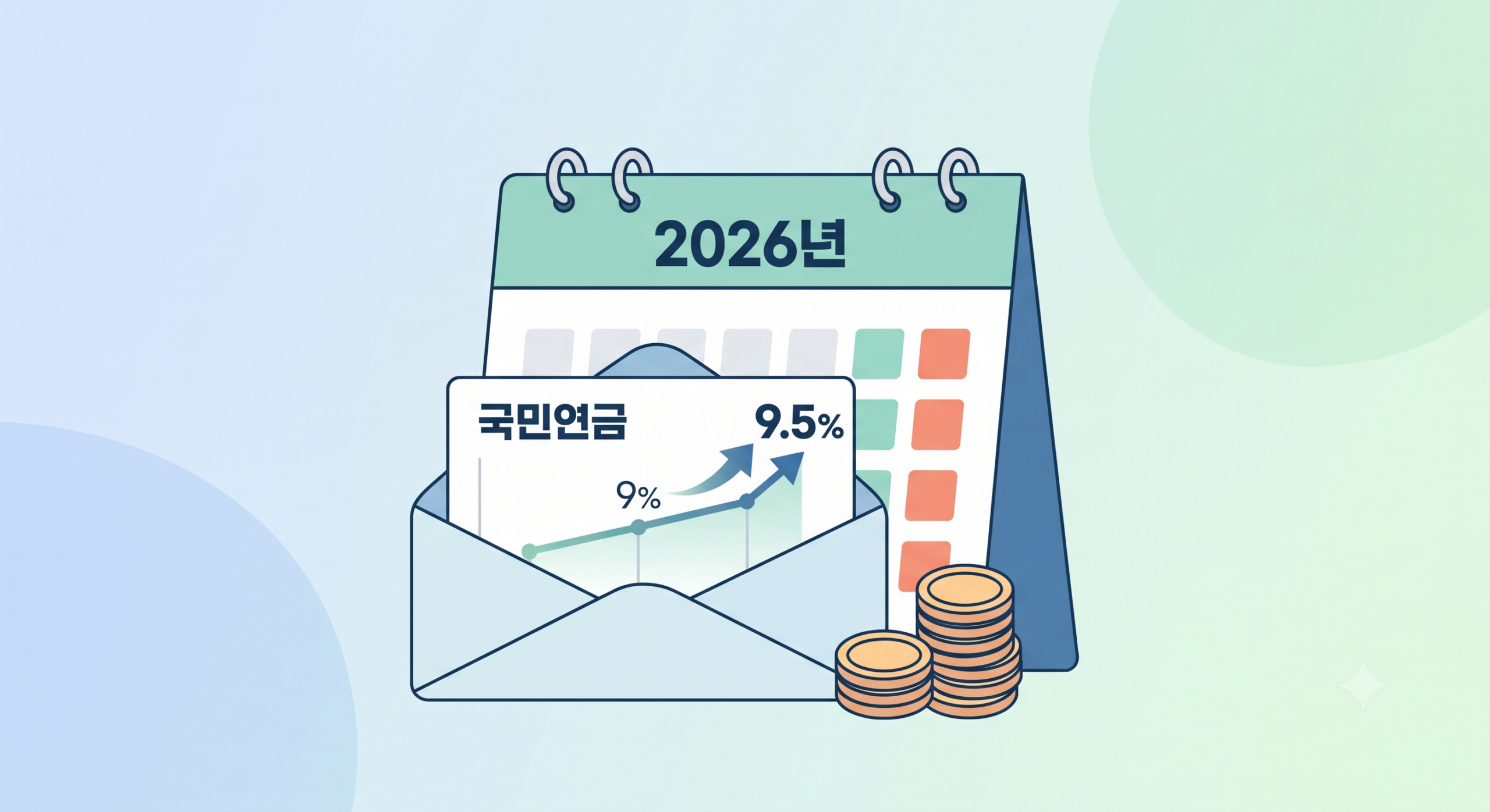 2026년 국민연금 보험료율 인상 조정을 나타내는 달력과 월급봉투, 상승하는 화살표가 그려진 미니멀 일러스트 디자인.