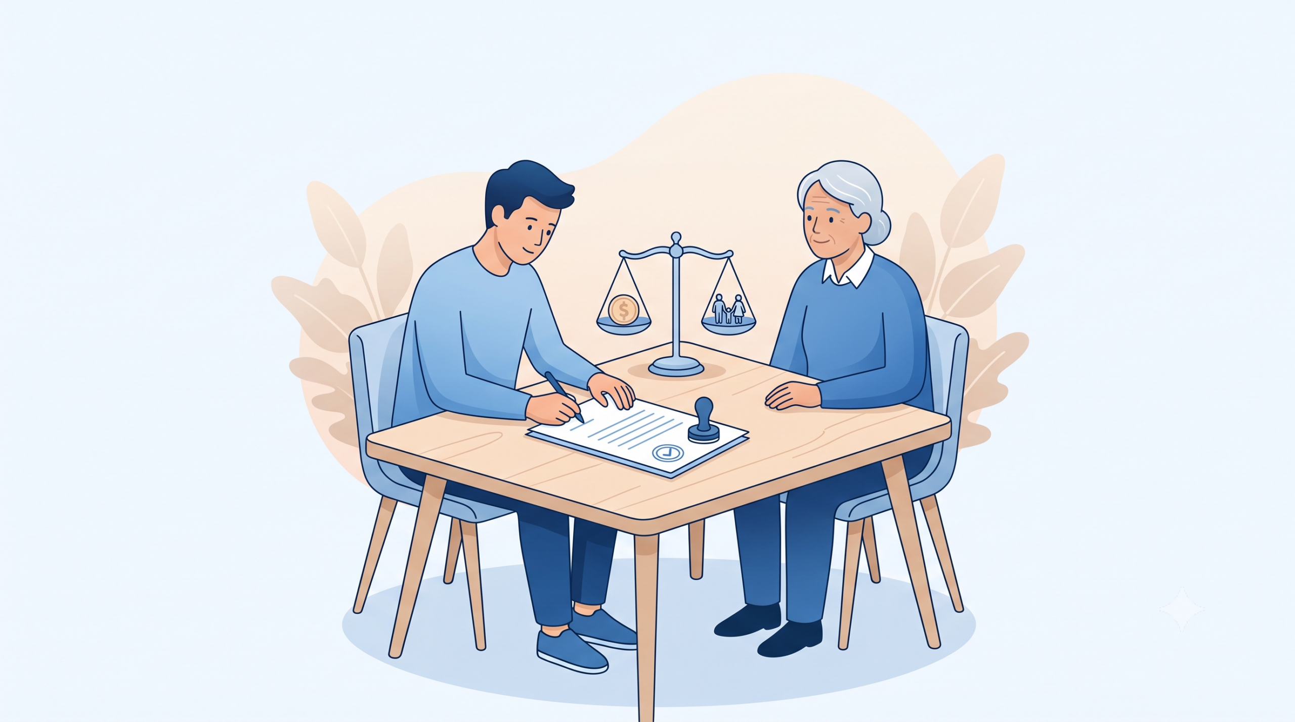부모와 자녀가 서류를 사이에 두고 신뢰감 있게 대화하며 차용증 작성법을 확인하는 미니멀 일러스트