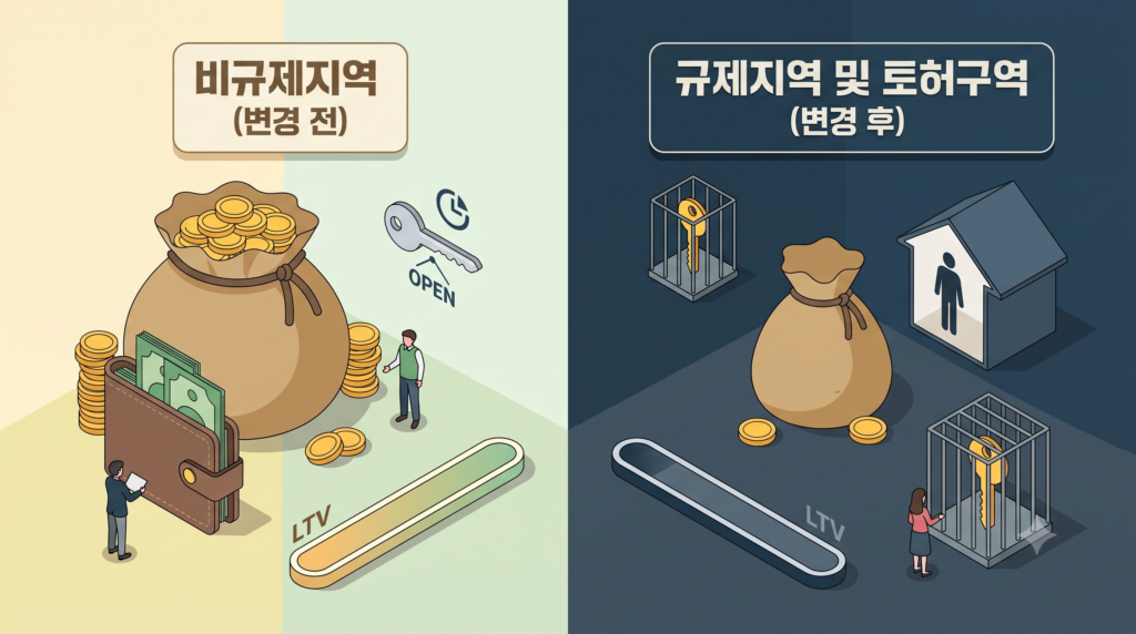 비규제지역과 비교하여 대출 한도가 40퍼센트로 줄어들고 2년 실거주 의무가 생겨난 동탄 기흥 구리 규제지역의 변화를 나타낸 비교 일러스트