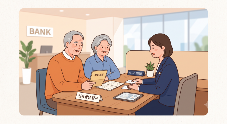 비과세 종합저축 가입 대상 조건을 설명하는 은행 창구와 노인 부부의 미니멀 일러스트