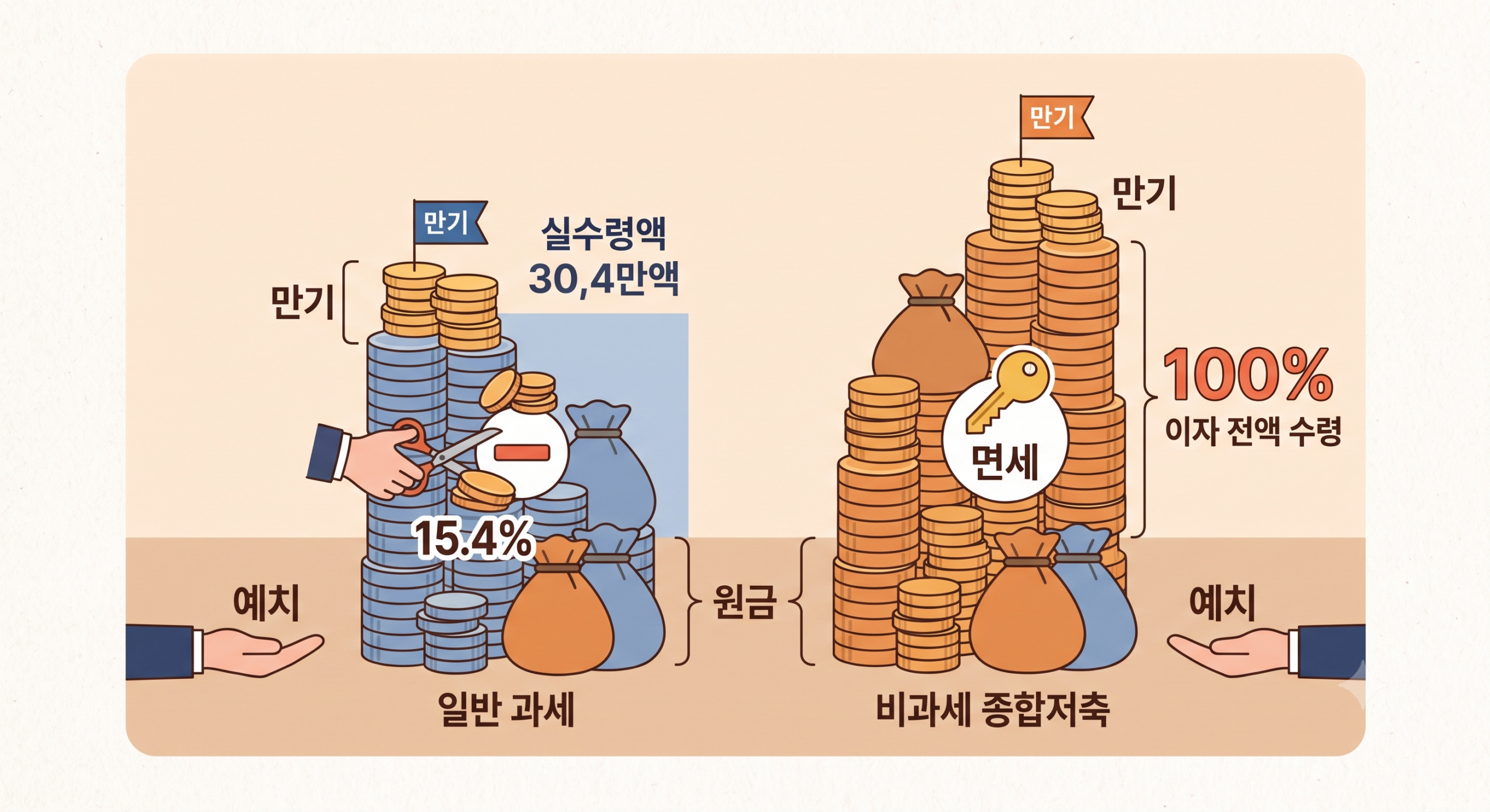 비과세 종합저축 가입 대상 혜택인 15.4% 세금 면제 효과를 보여주는 두 개의 저금통 비교 일러스트
