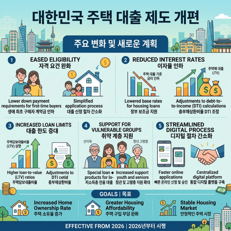 Infographic outlining 2026 Korean housing loan reforms with five key changes and three goals.