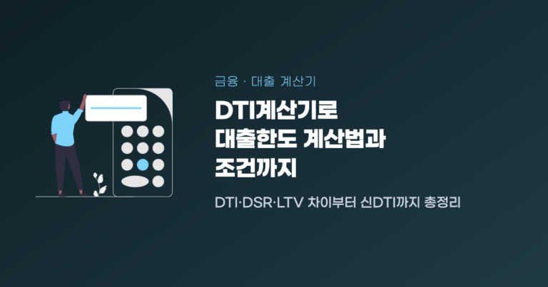 DTI계산기 대표 이미지 — DTI·DSR·LTV 차이부터 신DTI까지, 연소득 6,000만원에 주담대 원리금 2,000만원·기타대출 이자 400만원이면 DTI 40%
