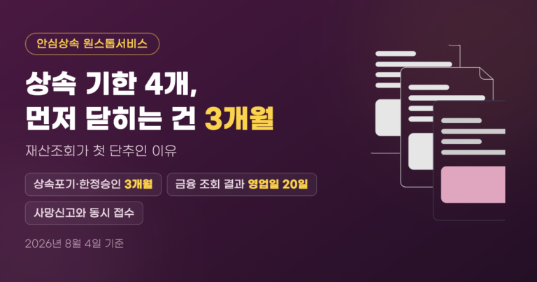 안심상속 원스톱서비스 대표 이미지 — 상속 기한 4개 중 먼저 닫히는 것은 상속포기·한정승인 3개월, 금융 조회 결과는 영업일 20일, 사망신고와 동시 접수 가능, 2026년 8월 4일 기준